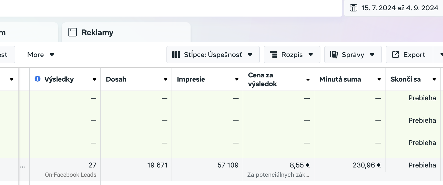 Výsledky kampane pre prístupové systémy: 27 leadov, dosah 19 671, impresie 57 109, cena za výsledok 8,55 €